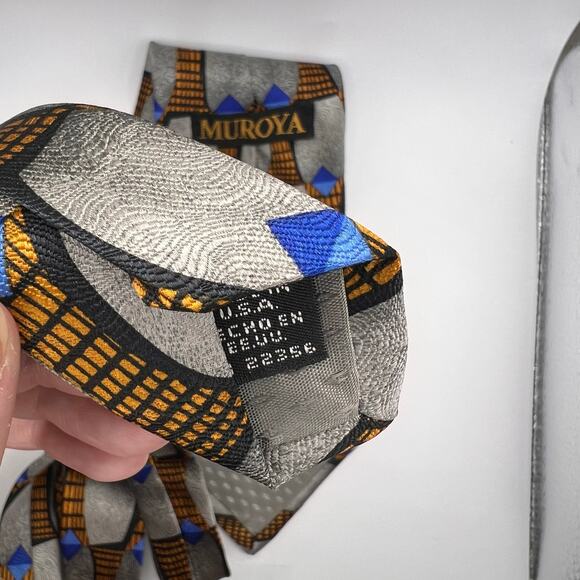 Muroya - Men’s Tie-58” Long-Gray Black Orange Modern Geometric Design - Silk-USA - Picture 7 of 7
